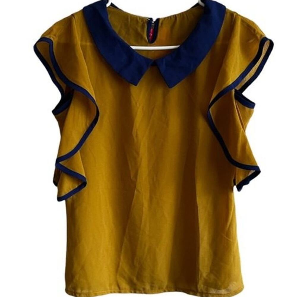 Asia Yellow Sheer Short Sleeve Collared Top, M